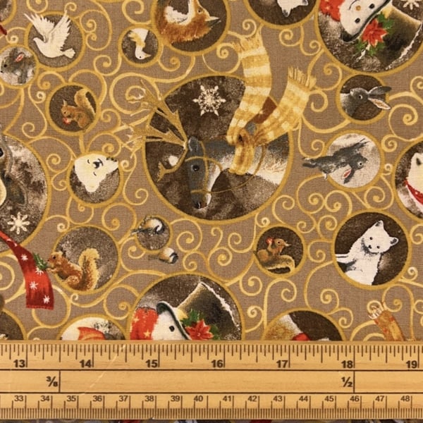 FQ Woodland Dream Christmas Animal Frames Brown 100% Cotton Quilting Fabric