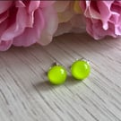 Bright lime green stud earrings, fused glass studs, sterling silver earrings