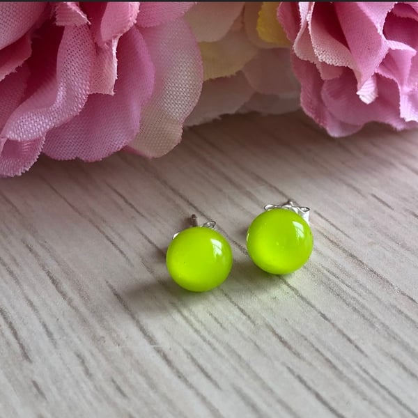 Bright lime green stud earrings, fused glass studs, sterling silver earrings