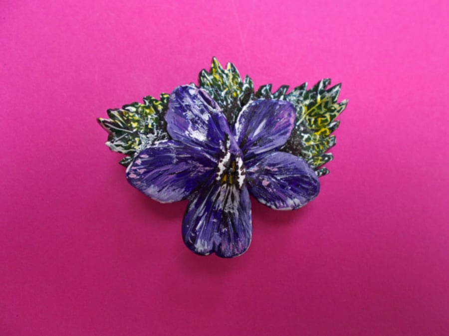 Handmade Large VIOLET BROOCH : Hand Painted Purple Viola Flower Lapel Pin