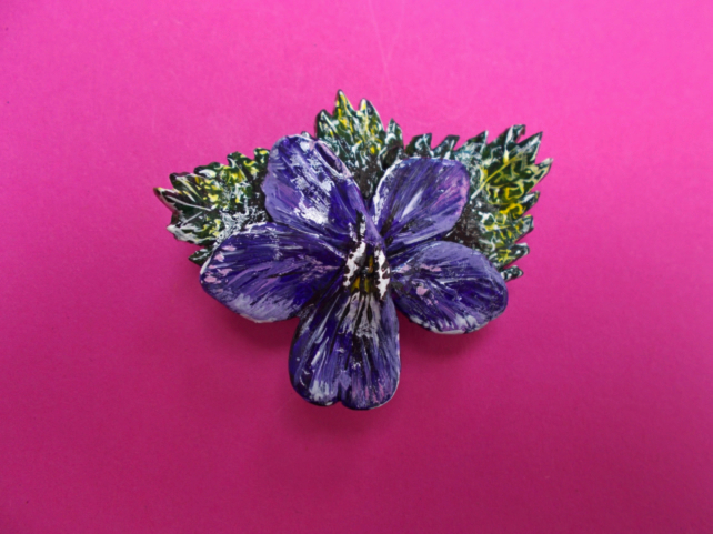Handmade Large VIOLET BROOCH : Hand Painted Purple Viola Flower Lapel Pin