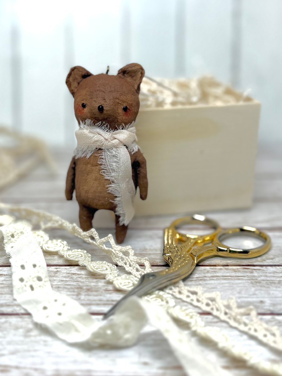 Spun Cotton Vintage Look Bear with Cream Scarf