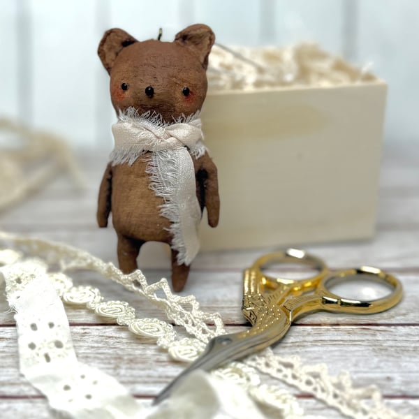 Spun Cotton Vintage Look Bear with Cream Scarf