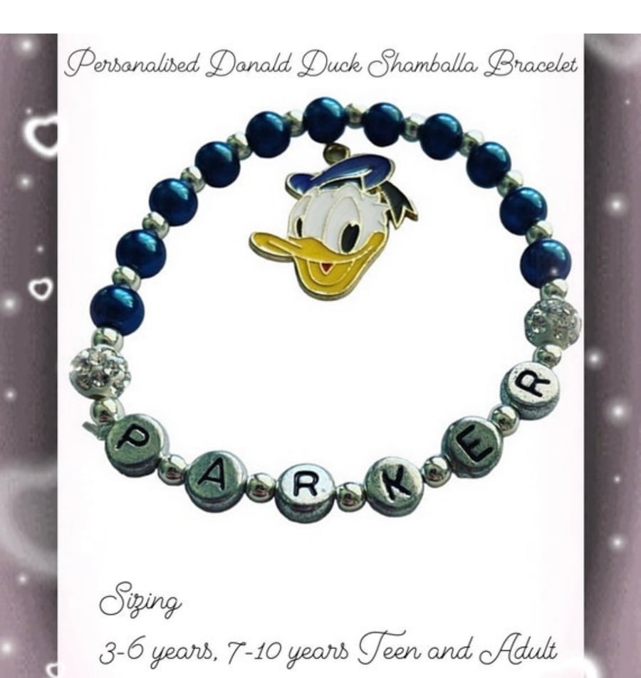 Donald duck shamballa blue stretch beaded personalised bracelet gift 