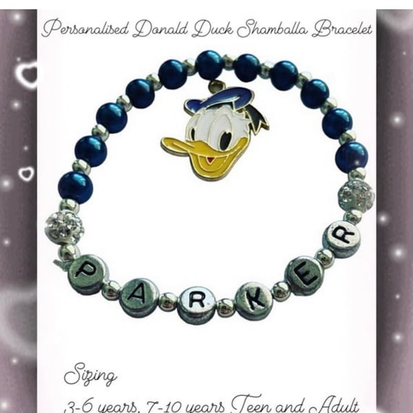 Donald duck shamballa blue stretch beaded personalised bracelet gift 