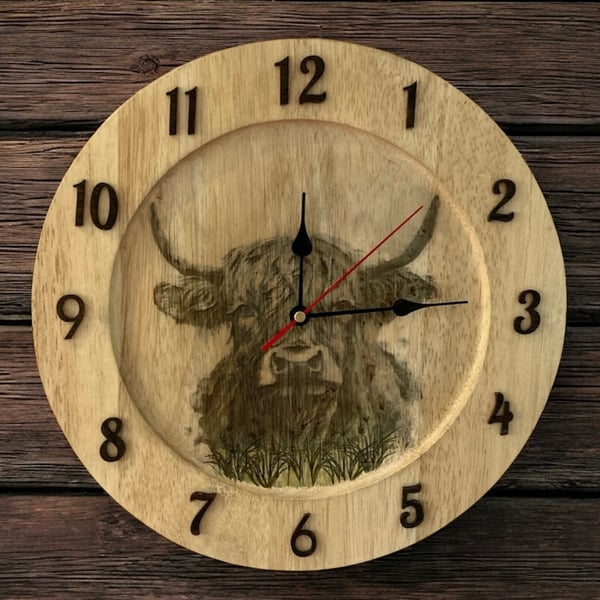 Rustic Handmade Highland Cow Clock – Up-Cycled Wooden Platter