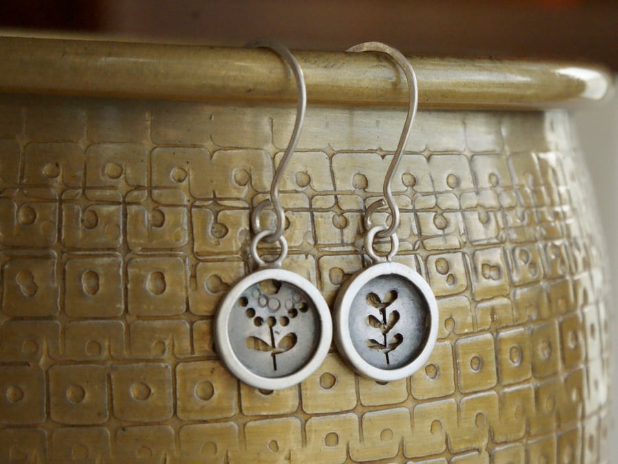 Little silver leaf and flower mismatched drop earrings
