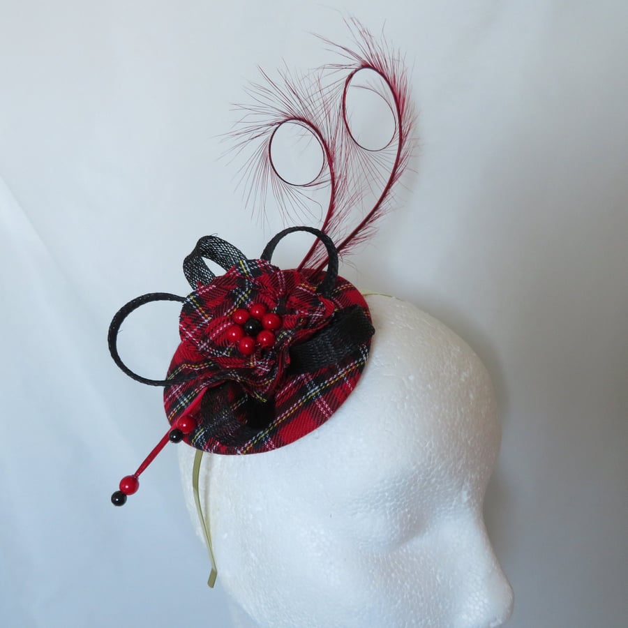 Black & Red Royal Stewart Tartan Feather and Sinamay Fascinator Hat