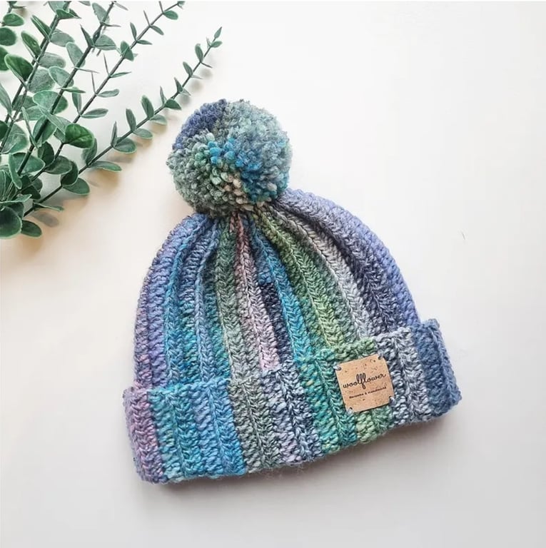 Chunky Crochet Beanie Winter Hat With Pom Pom In Blues & Greens