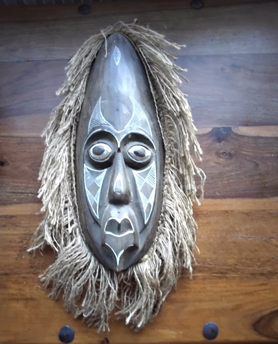 Vintage Raffia-Fringed Wooden Mask – Curated Wall Sculpture