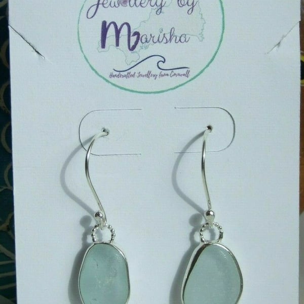 Handcrafted Fine Silver Cornish Seaglass Earrings in Light Aqua on 925 Earwires