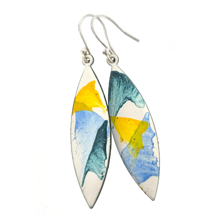 Abstract Colour marquise drop earrings - jade green, light blue and yellow.