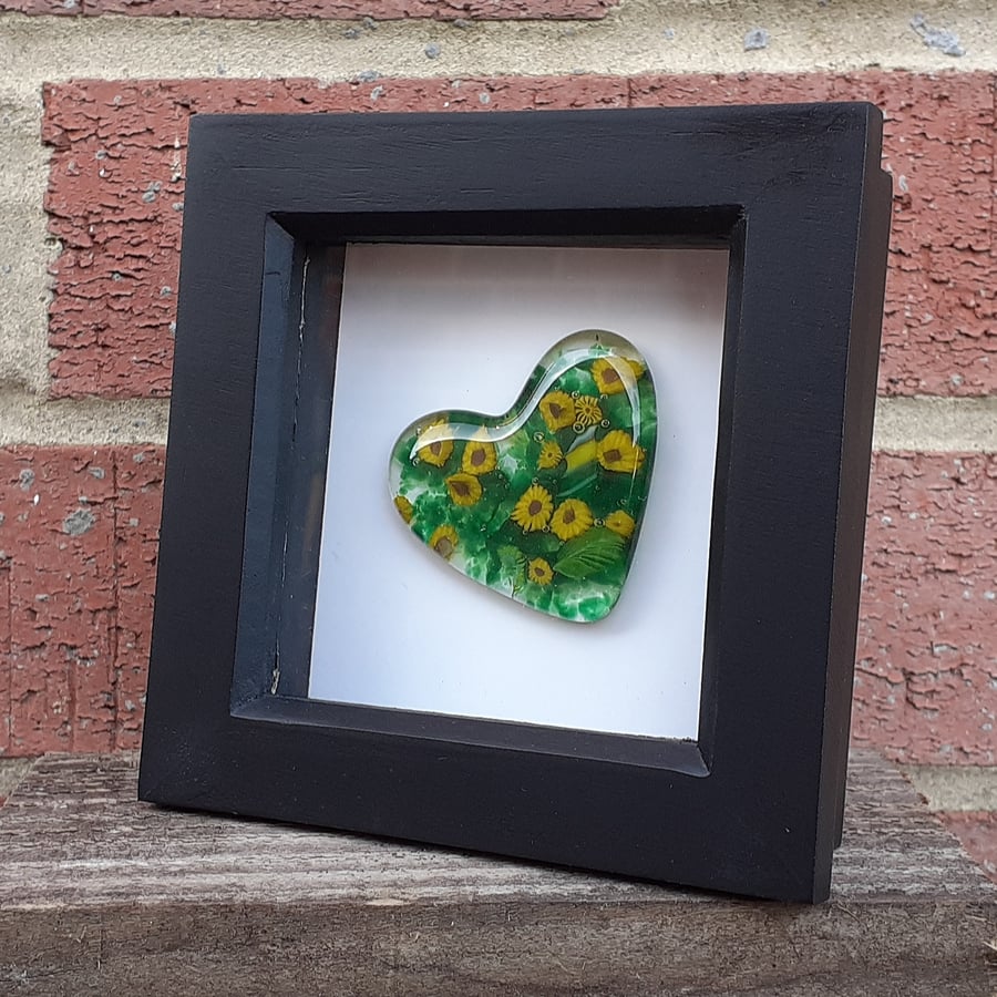 Fused glass heart in mini picture frame, sunflowers