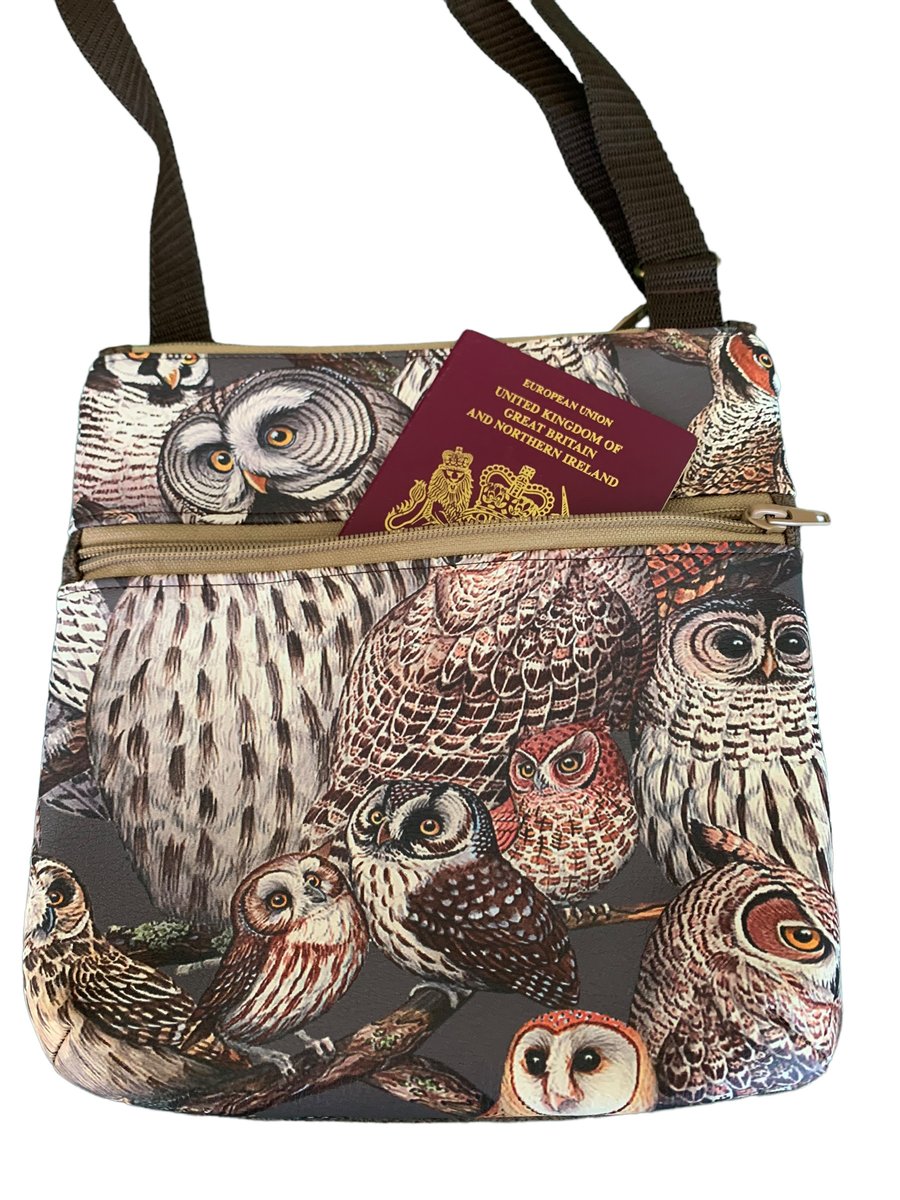 Crossbody travel bag perfect for passports and travel documents - Owls 