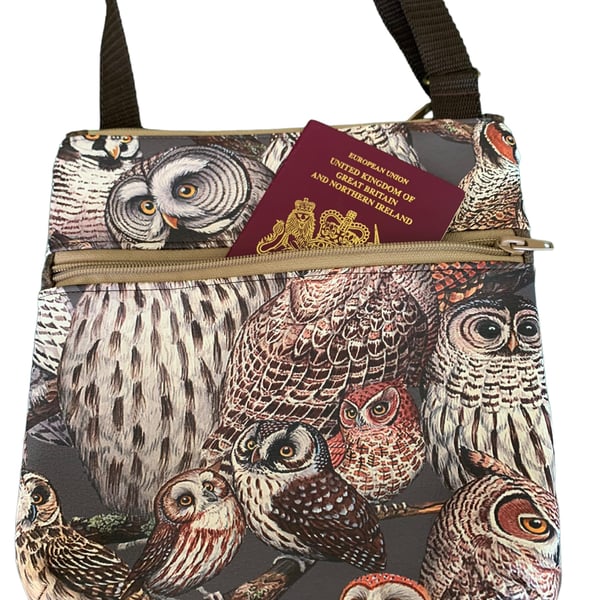 Crossbody travel bag perfect for passports and travel documents - Owls 