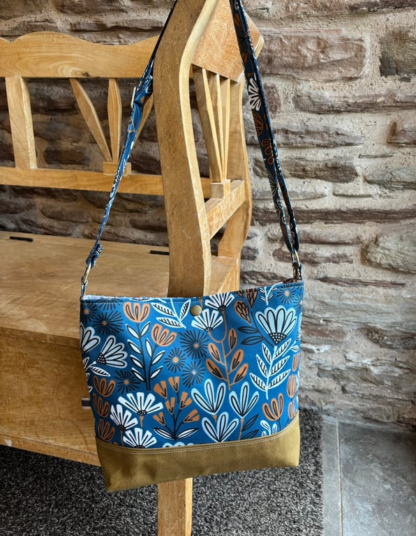 Blue Floral Crossbody Bag – Cotton Twill & Oilskin – Handmade Shoulder Bag