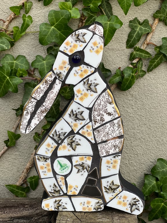 Mosaic Moon Gazing Hare, Made with Vintage china, Ceramic Mosaic Art