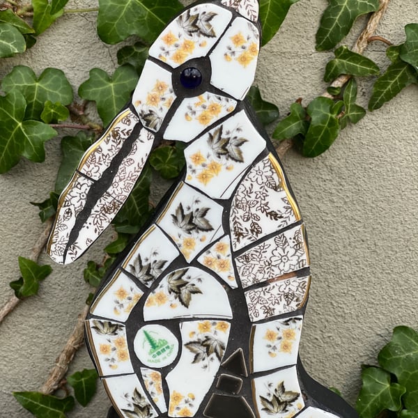 Mosaic Moon Gazing Hare, Made with Vintage china, Ceramic Mosaic Art