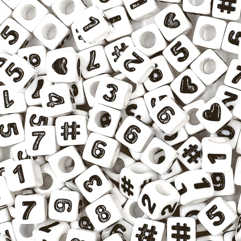 7mm White Cube Acrylic Number Beads, Mixed Numbers 0-9, DIY Jewellery Making