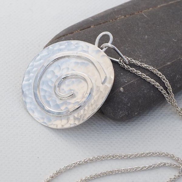 Pendant,Silver Spiral Pendant necklace, Hallmarked, Hammered Silver, ARC 