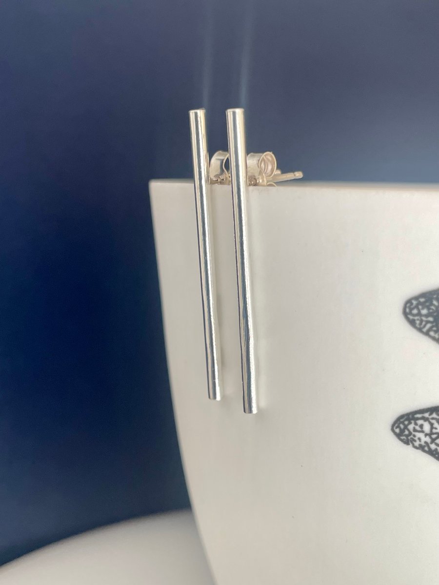Sterling Silver Drop Bar-Stick Ear Stud Earrings Plain-Smooth Handmade