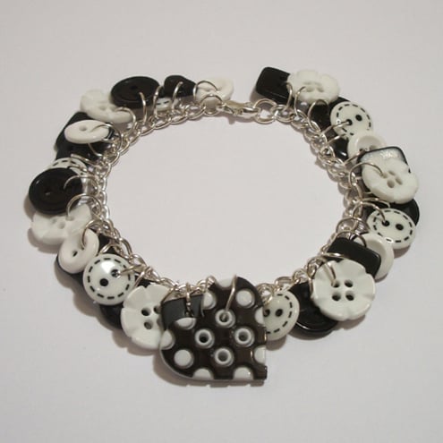 Heart - Black and white button charm bracelet