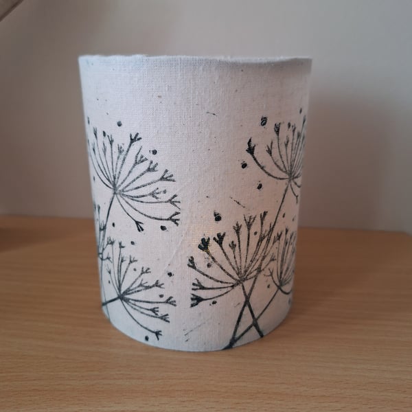 Handprinted handcrafted LED lantern featuring a cow parsley design.