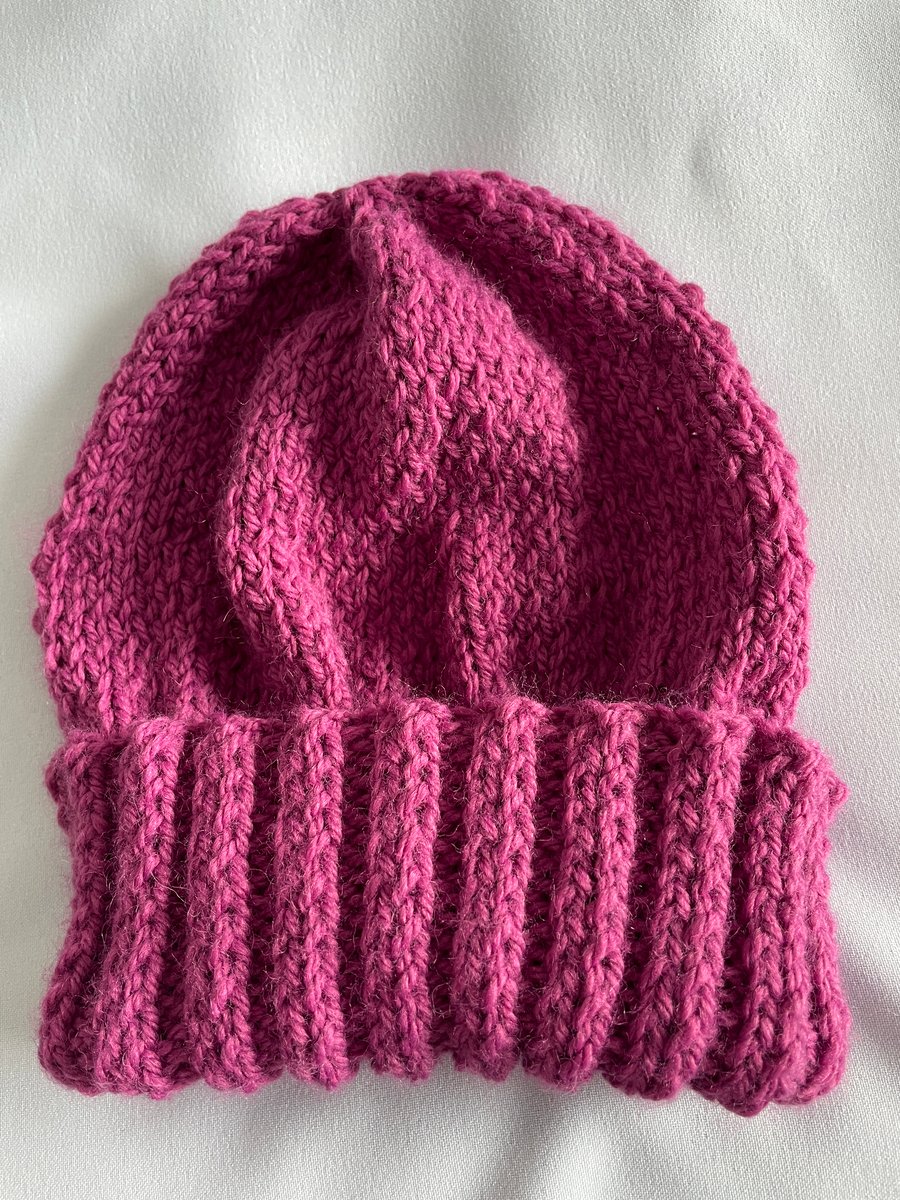 Adult Hand Knitted Pink Beanie Hat