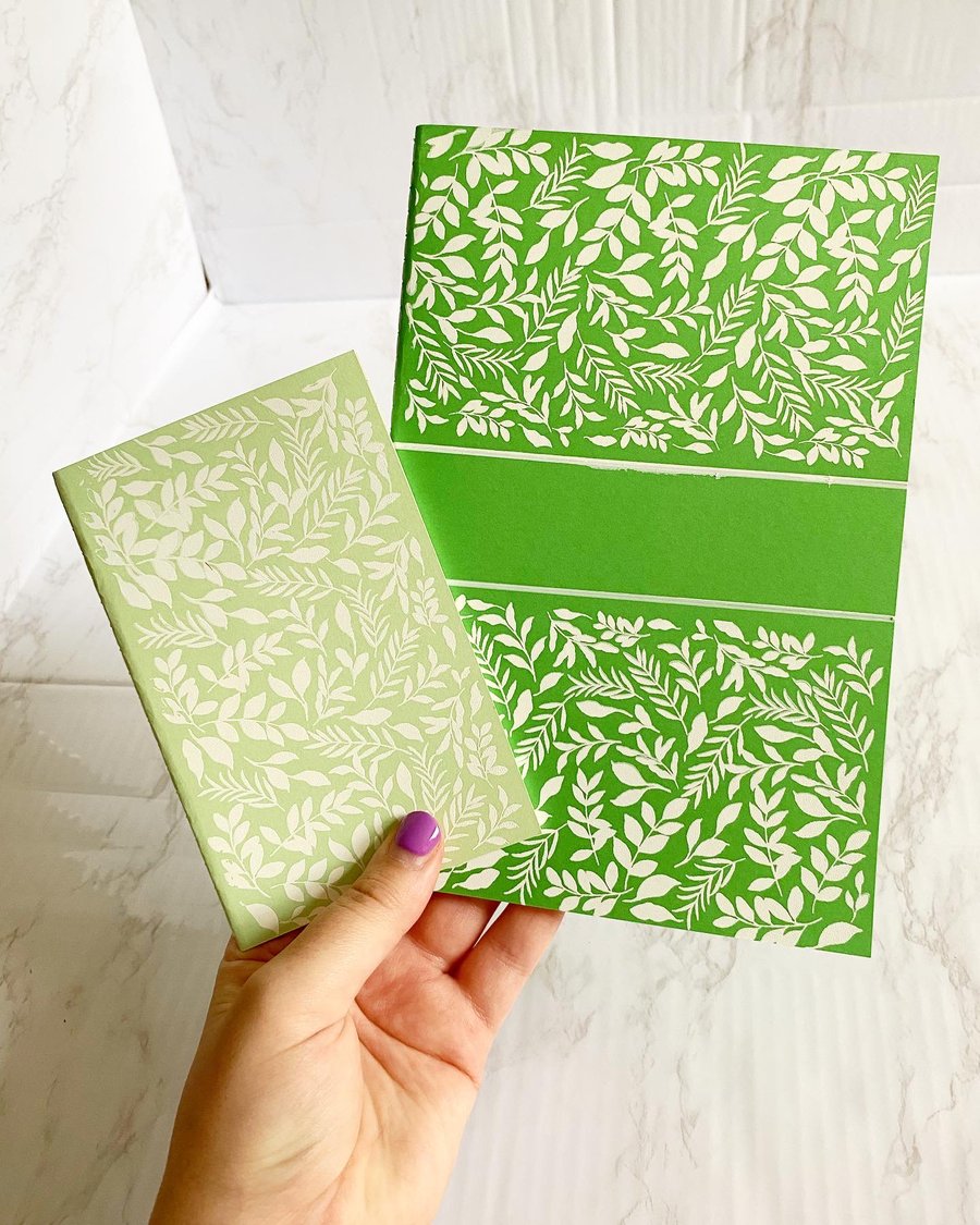  Two Pack Notebooks Green Tones, Handprinted Botanical Leaf Print 