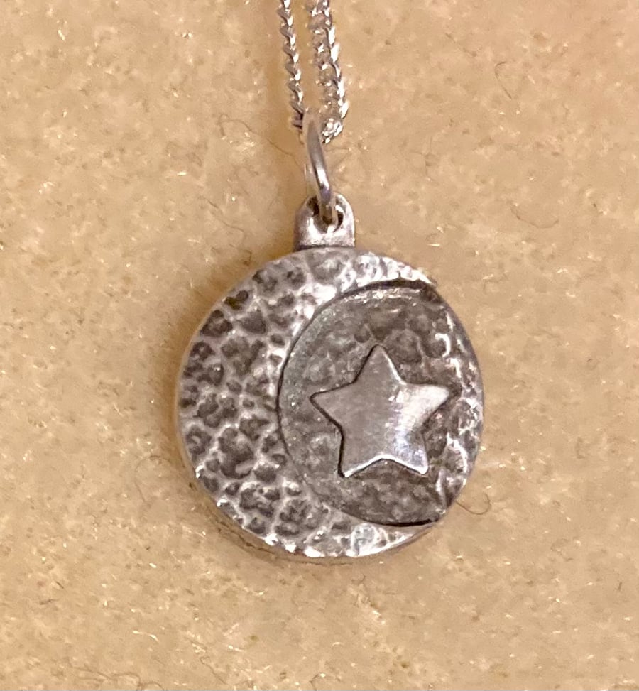 Moon and star, pure silver necklace. 