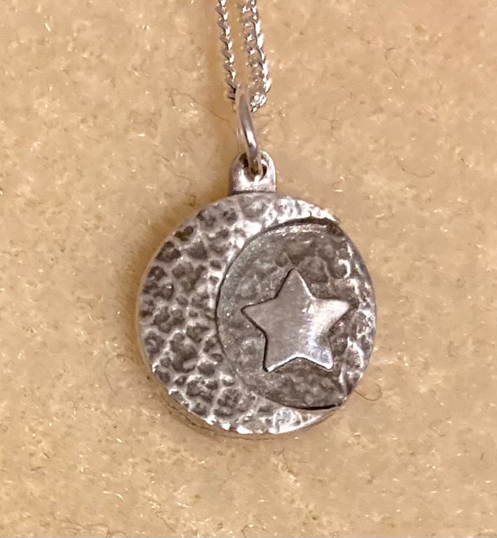 Moon and star, pure silver necklace. 
