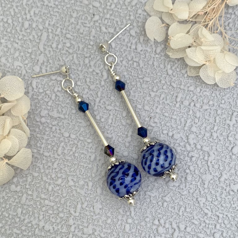 Vintage Style Blue and Silver Drop Earrings