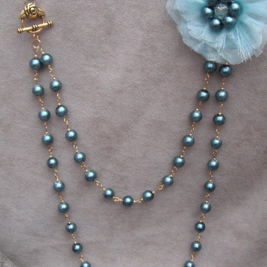 Teal Green Pearl Corsage Necklace