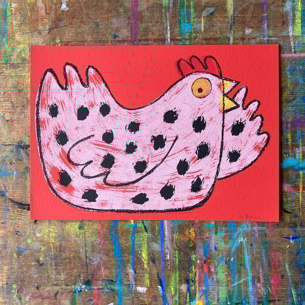 Happy Chicken original screen print by Jo Brown