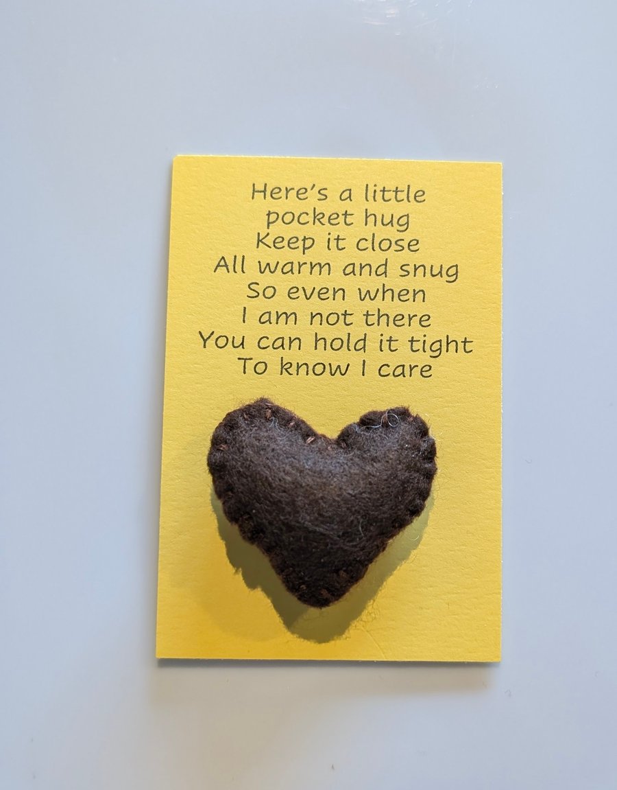 Handmade handsewn felt mini heart shaped pocket hug brown
