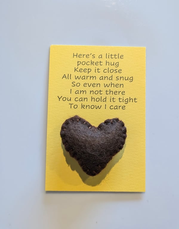 Handmade handsewn felt mini heart shaped pocket hug brown