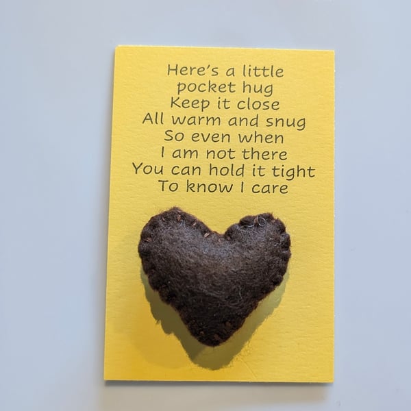 Handmade handsewn felt mini heart shaped pocket hug brown