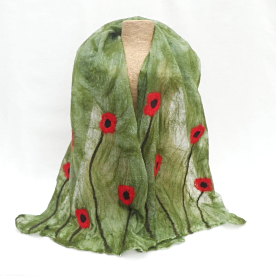 Green nuno felt scarf with poppy decoration