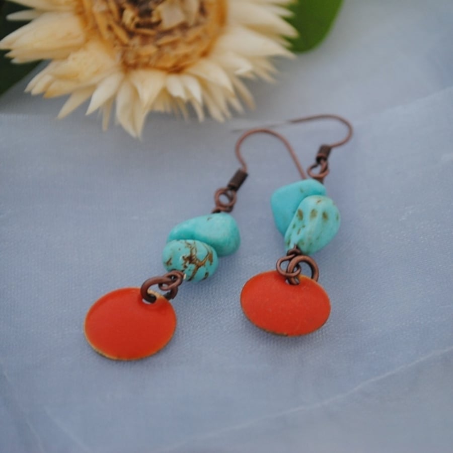 Turquoise & orange coin earrings