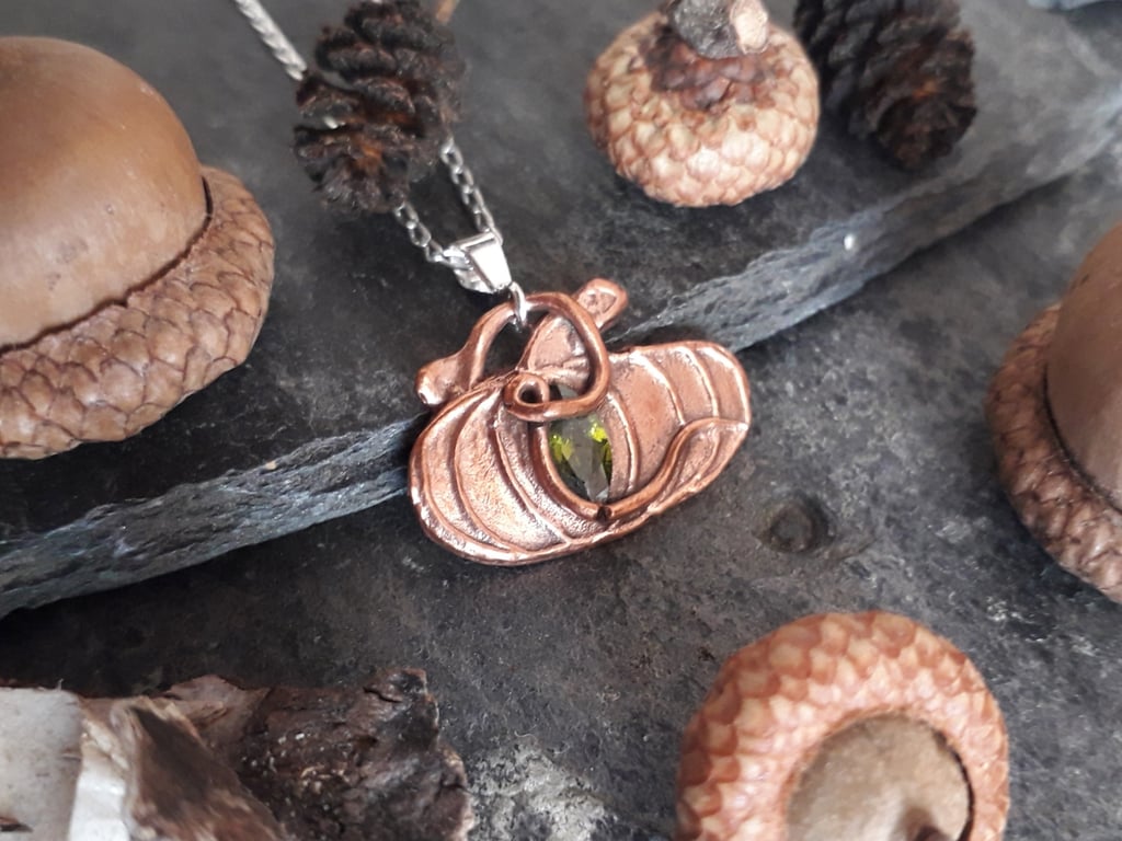 Small pumpkin copper pendant, silver chain, autumn, Halloween, Samhain 