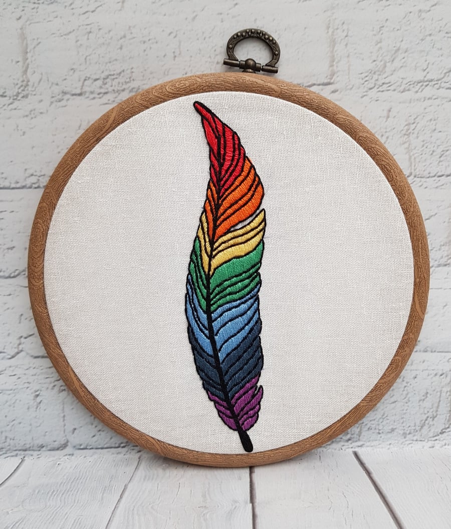 Rainbow Feather Embroidery, Embroidery Hoop, Hand Embroidery, Modern Embroidery,