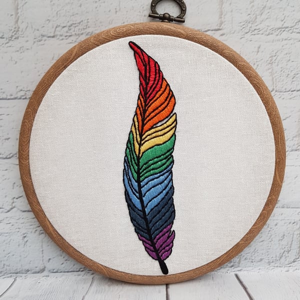 Rainbow Feather Embroidery, Embroidery Hoop, Hand Embroidery, Modern Embroidery,