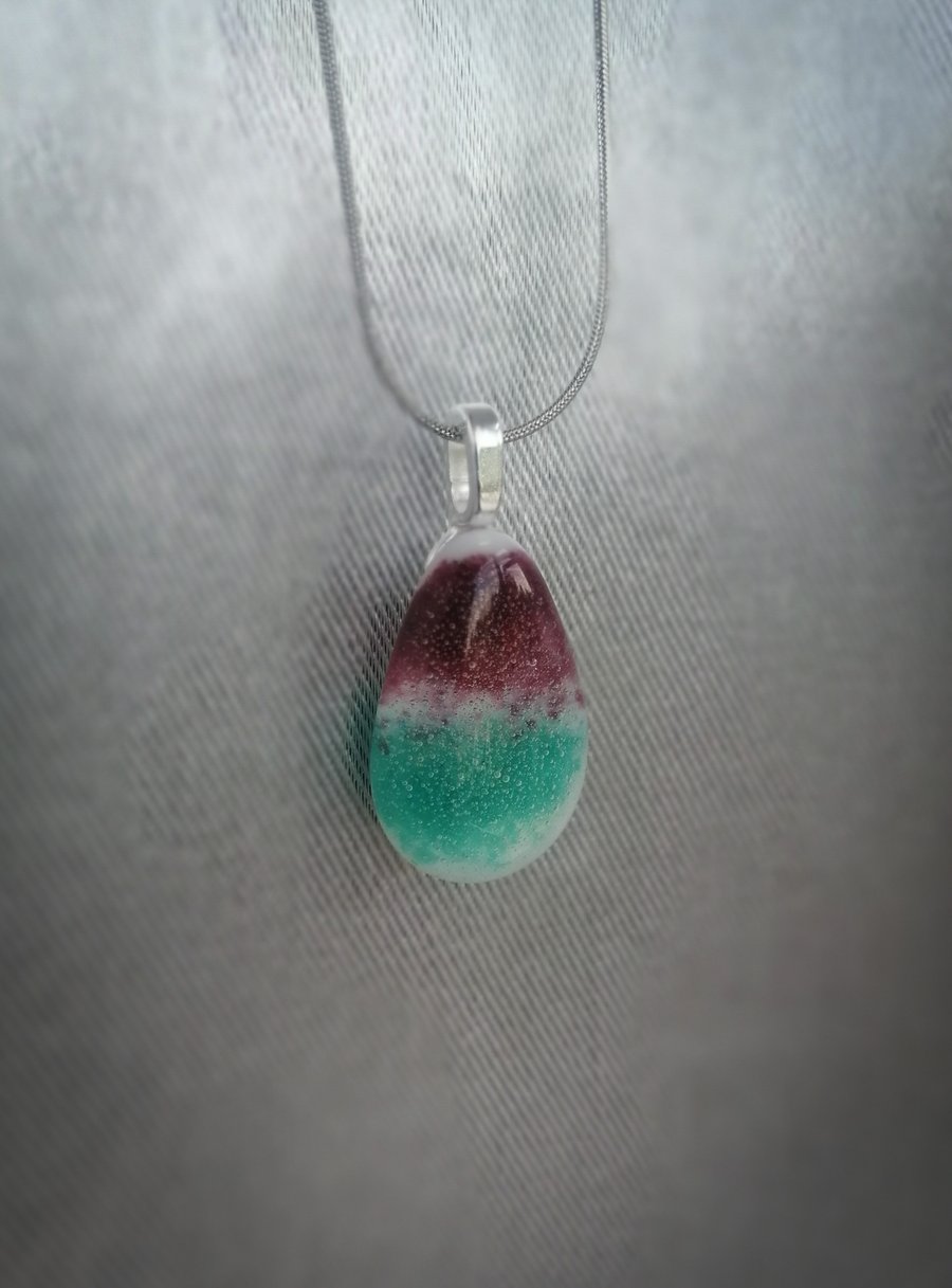Drop of colour glass necklace plum, white and blue -green