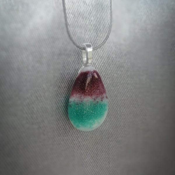 Drop of colour glass necklace plum, white and blue -green