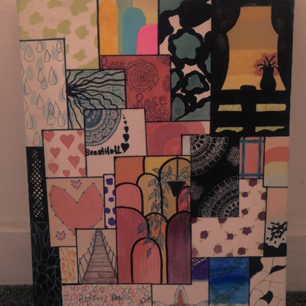 A3 colourfull patchwork collage art- Mixed media art