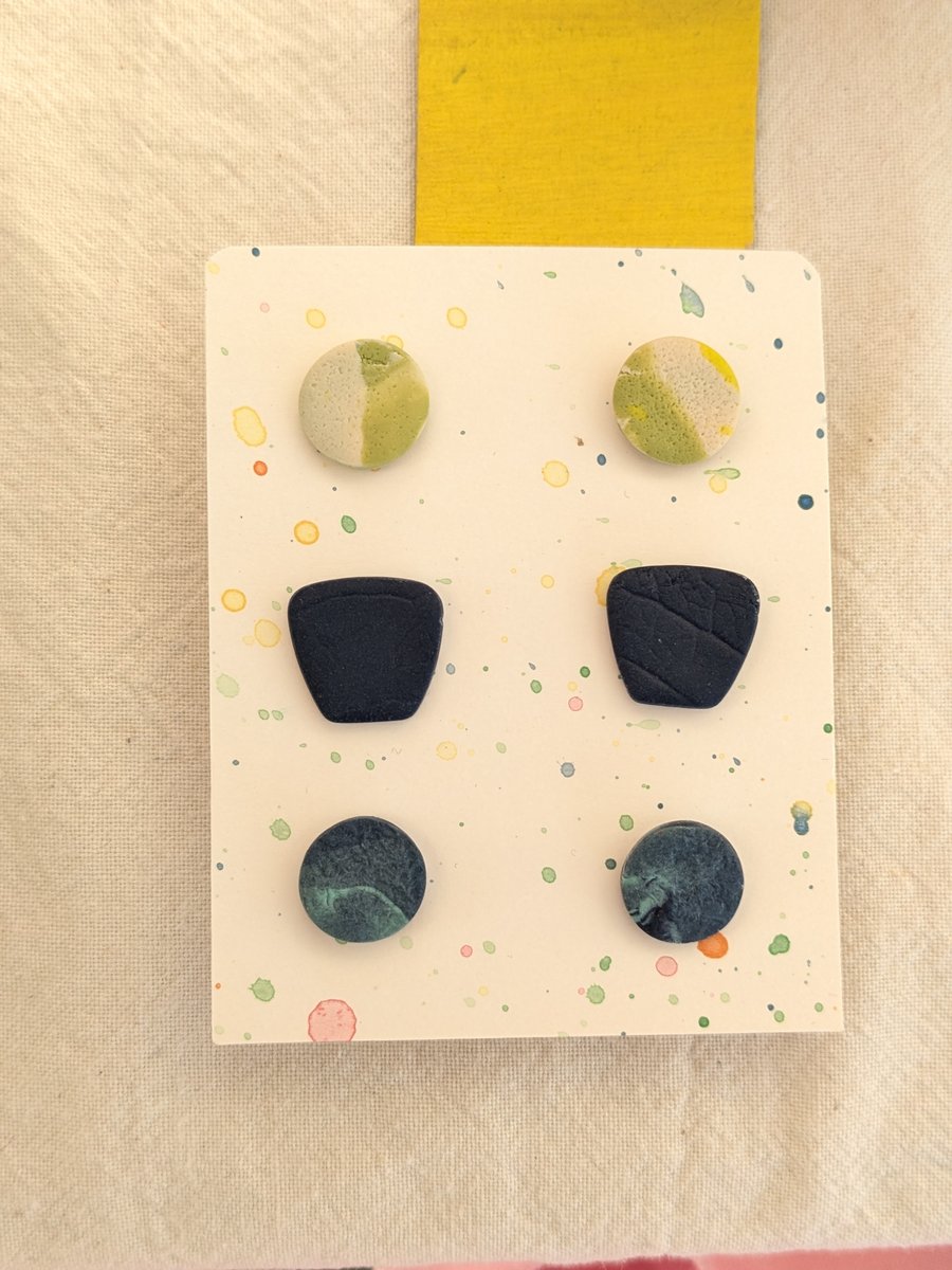 Set of 3 polymer clay stud earrings - in green, navy and blue