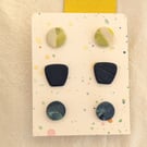 Set of 3 polymer clay stud earrings - in green, navy and blue