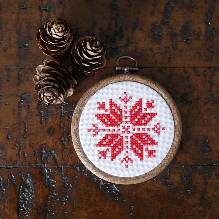 Handmade Nordic Snowflake Cross Stitch Decoration – Scandi Style Ornament