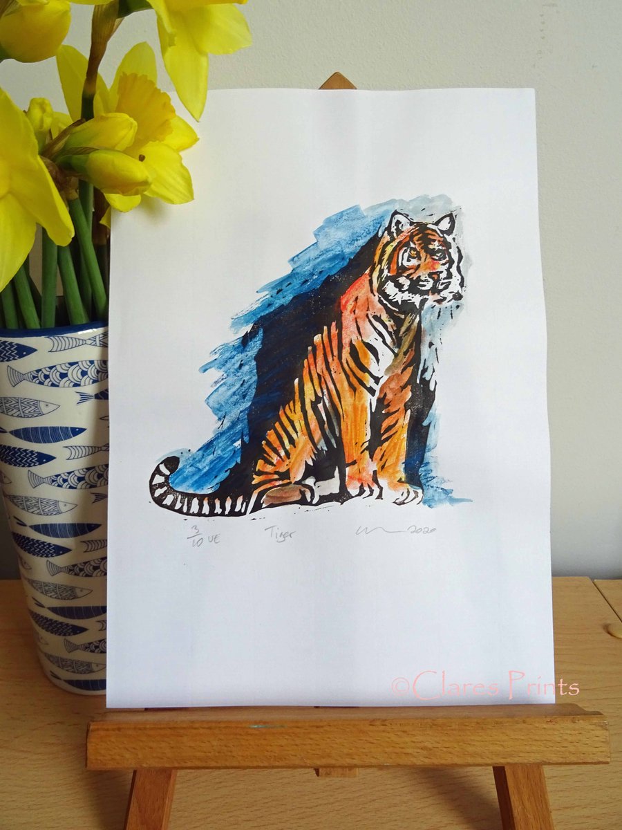 Tiger Art Limited Edition Hand-Pulled Linocut Print Blue