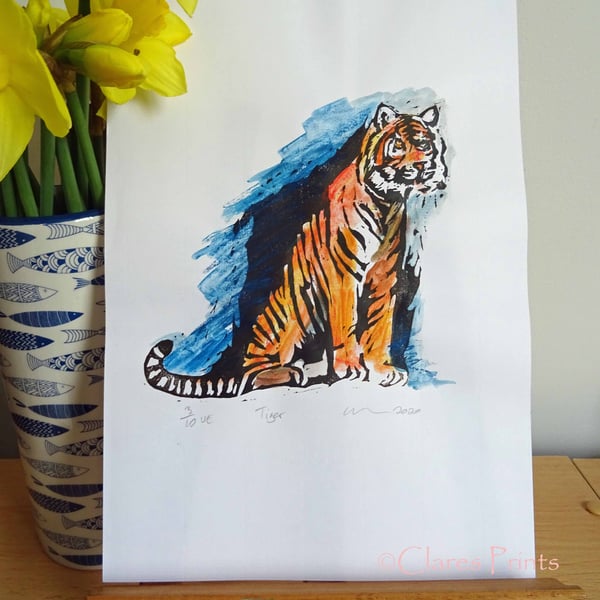 Tiger Art Limited Edition Hand-Pulled Linocut Print Blue